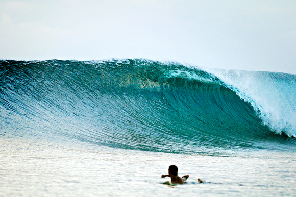 A young surfer looks at perfect wave.